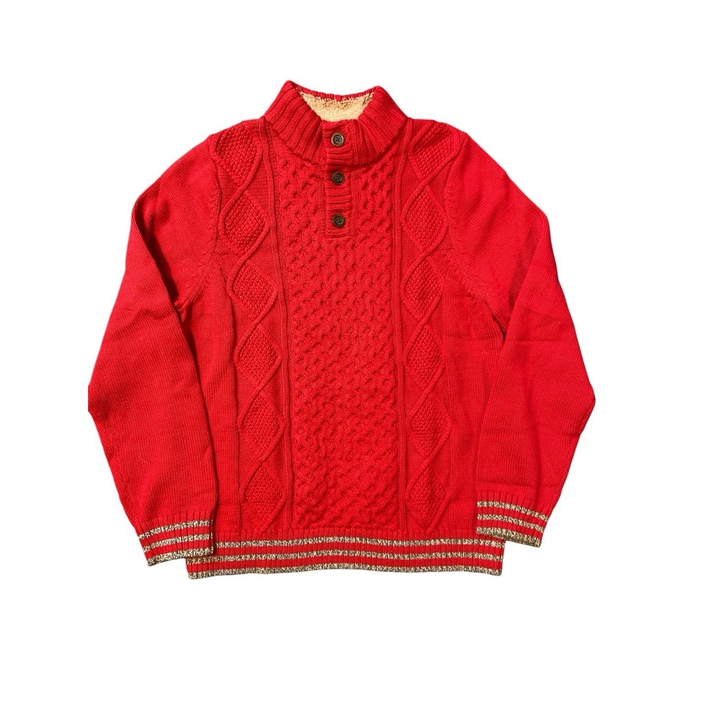Boys Lands End Red Cable Knit Mock Neck Sweater Size Large